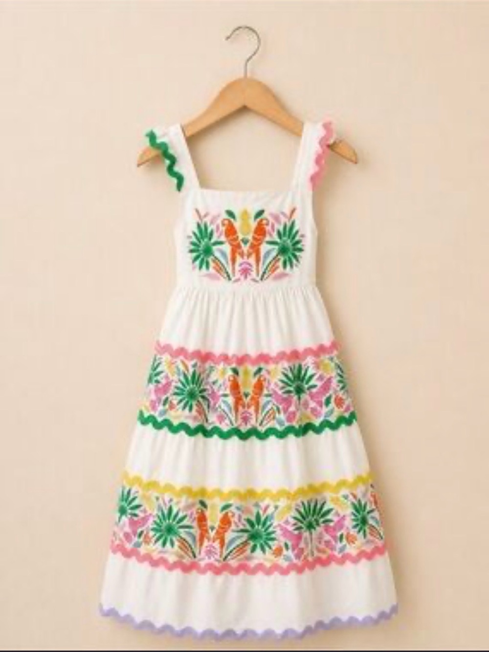 Mini Boden White Floral Tiered Parrot Maxi Dress Colorful Rickrack Size 5/6